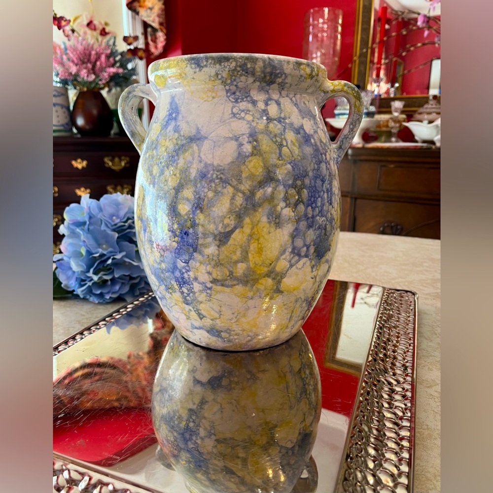 Watercolor Blue Yellow White 9” Vase w double handles from Philippines